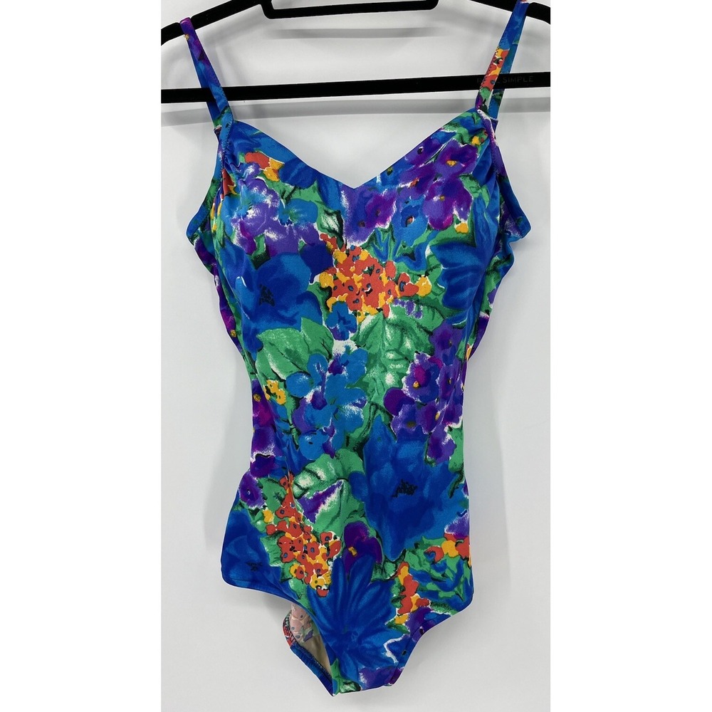 Vintage Roxanne Swimsuit Size 14 36 C/D Cup Blue Floral One Piece USA Union